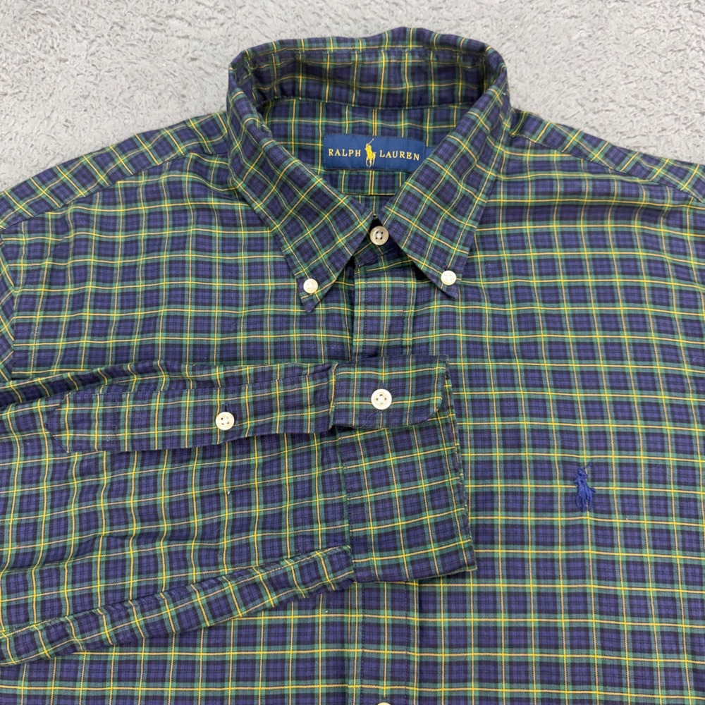 Ralph Lauren Button Down Shirt Mens L Blue Green Plaid Long Sleeve Pony Logo